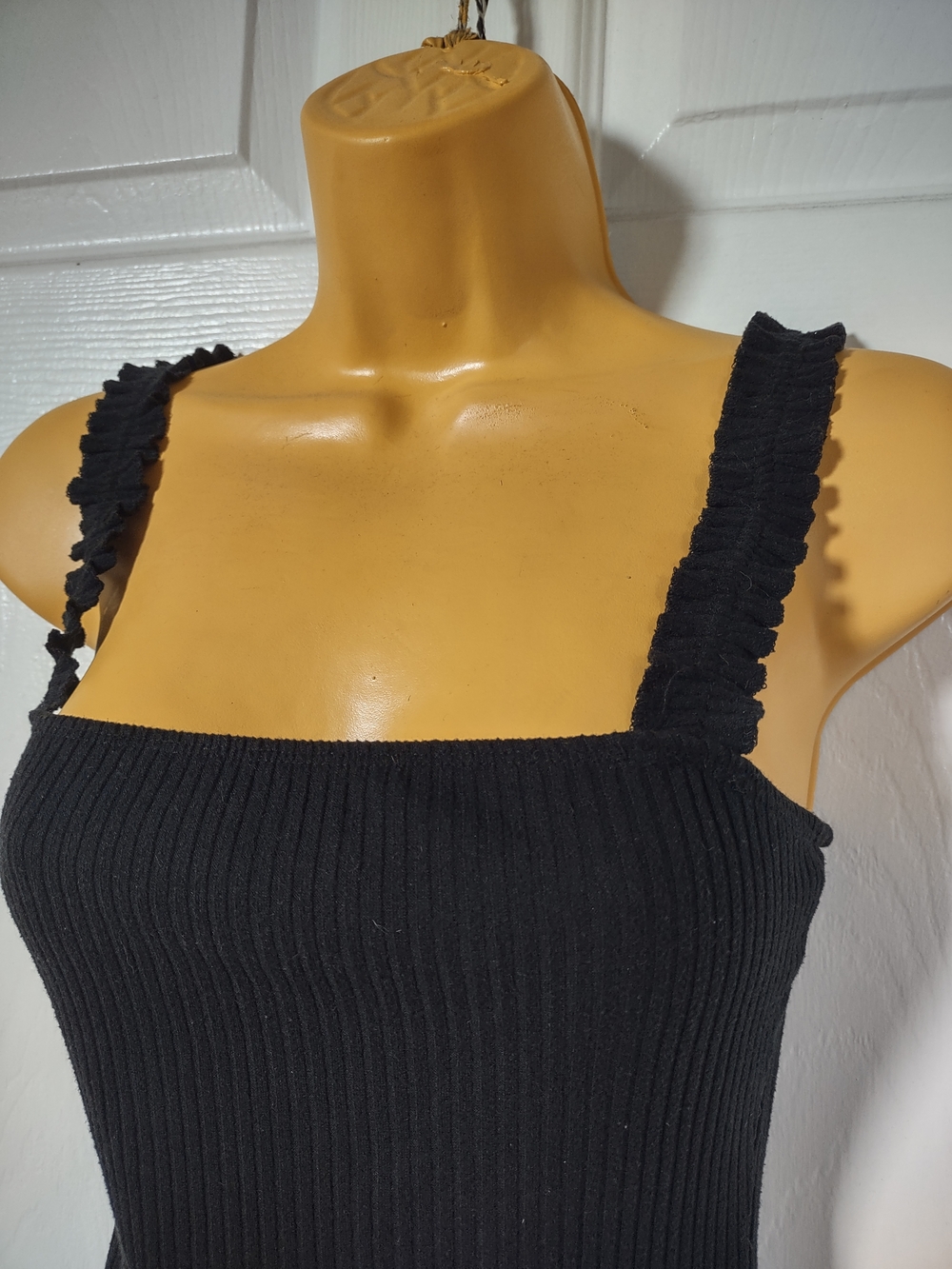 Forever 21 Black Ribbed Square-Neck Bodysuit with Ruffle Straps Small - Picture 2 of 5